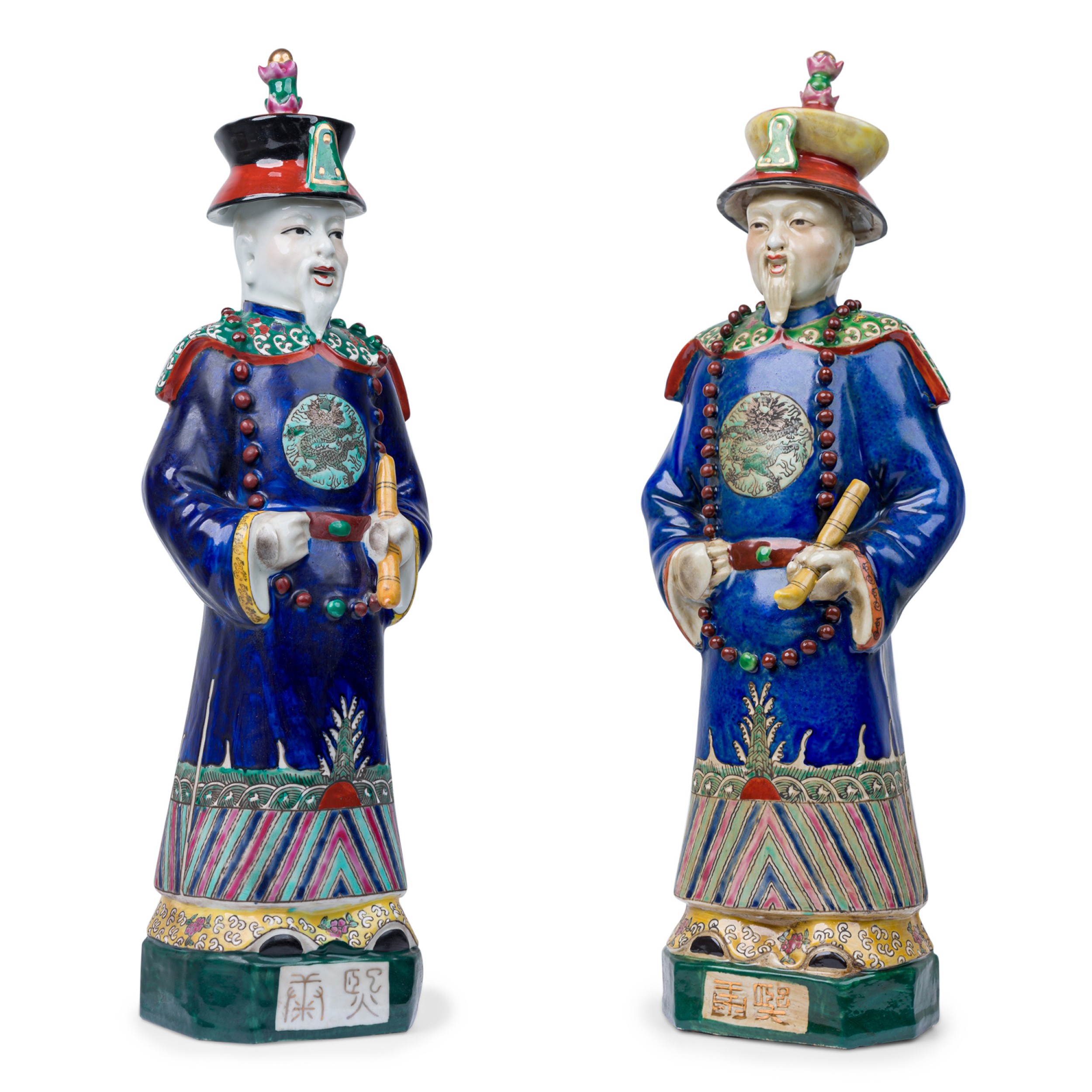 Pair of chinese painted ceramic figures depicting a blue robed emperor