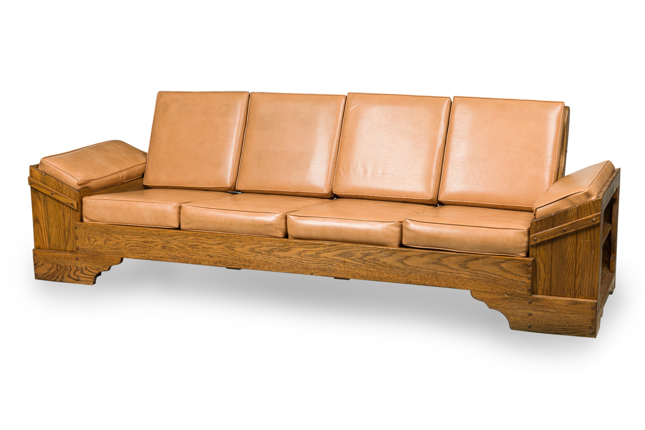 Rustic old hickory wood and tan leather settee