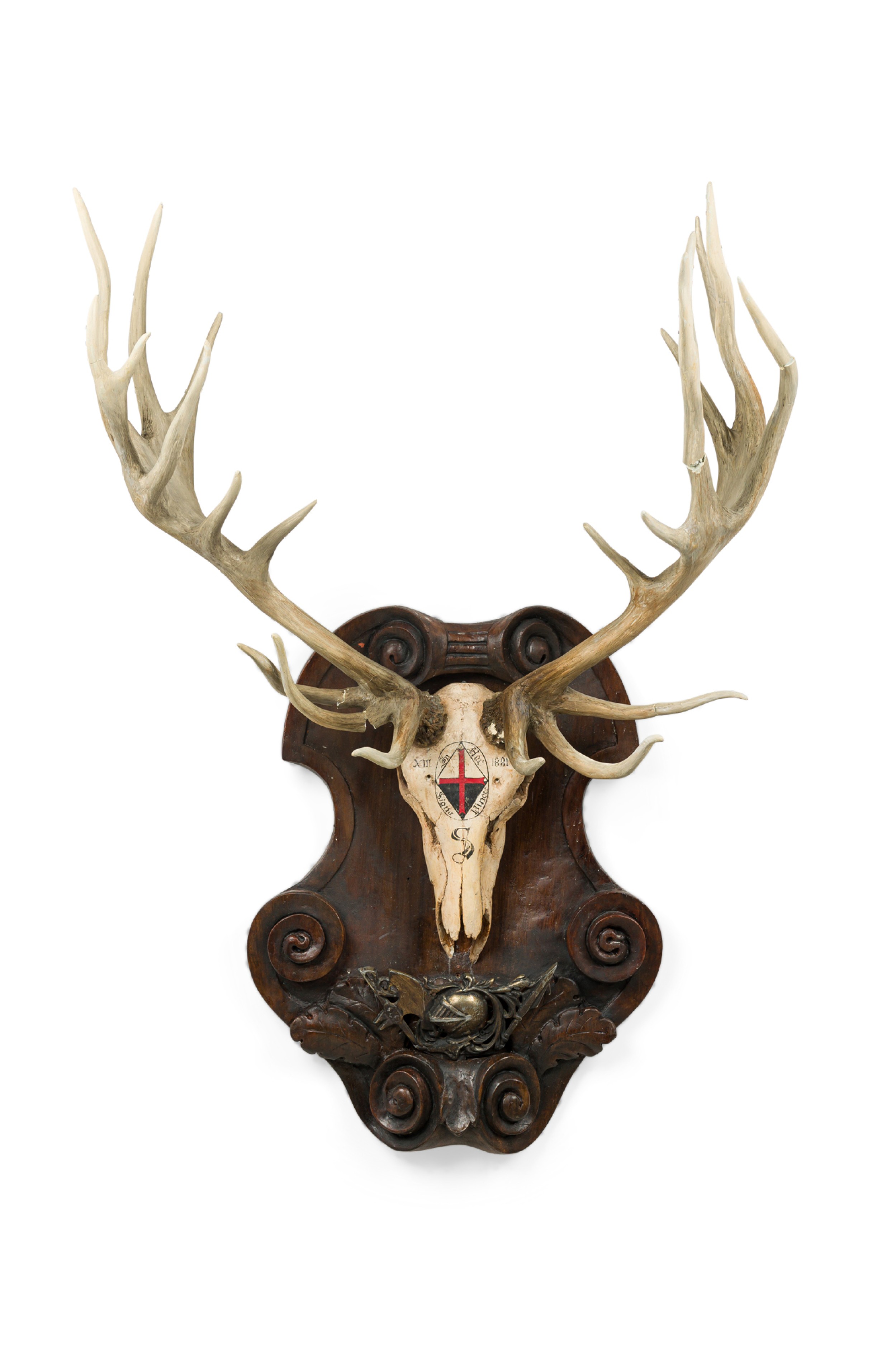 Continental rustic wall plaque of elk skull with cross insignia painted