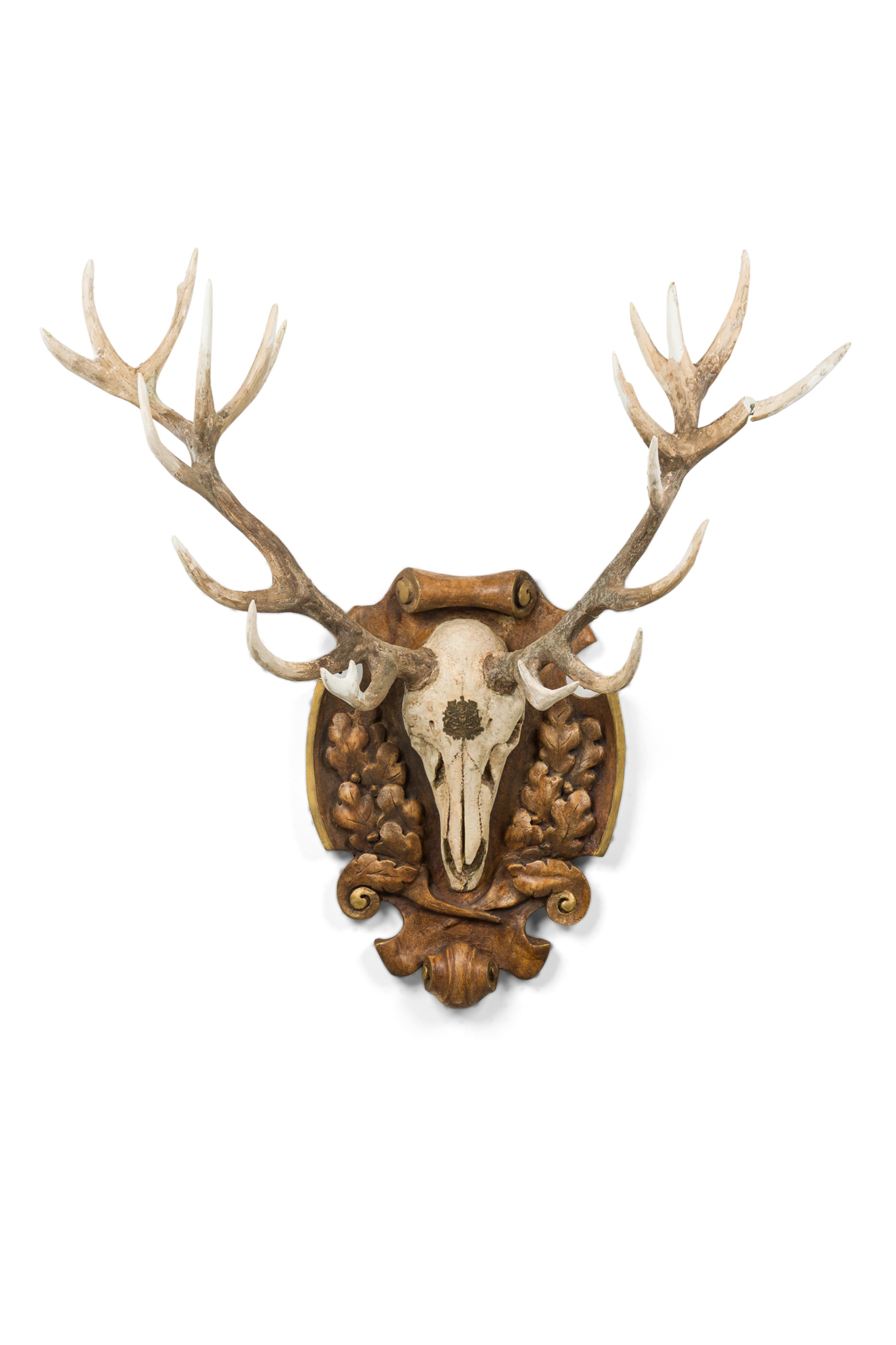 Continental rustic wall plaque featuring an elk skull with a painted insignia