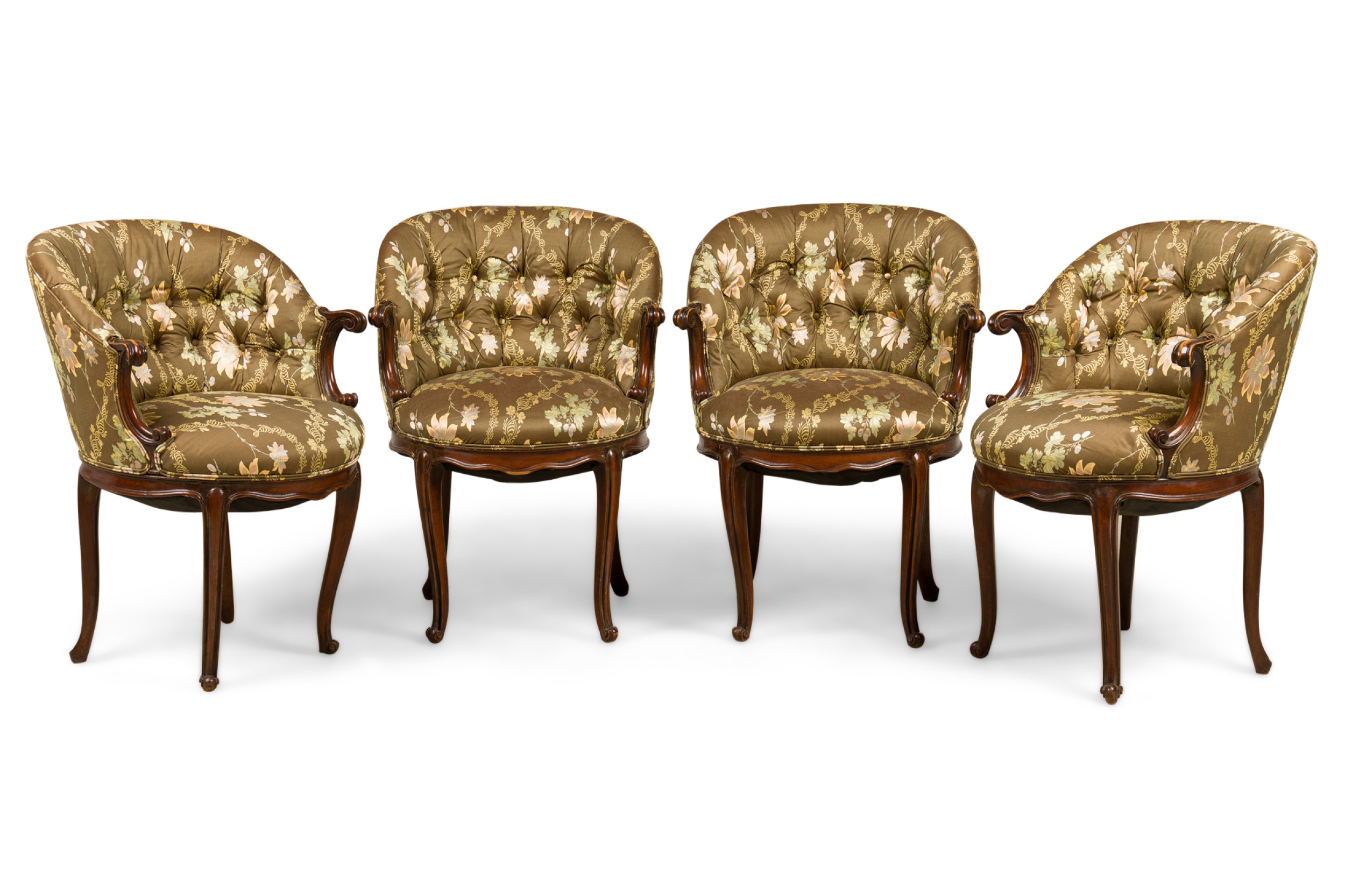 Set of 4 american victorian tufted green floral pattern armchairs 