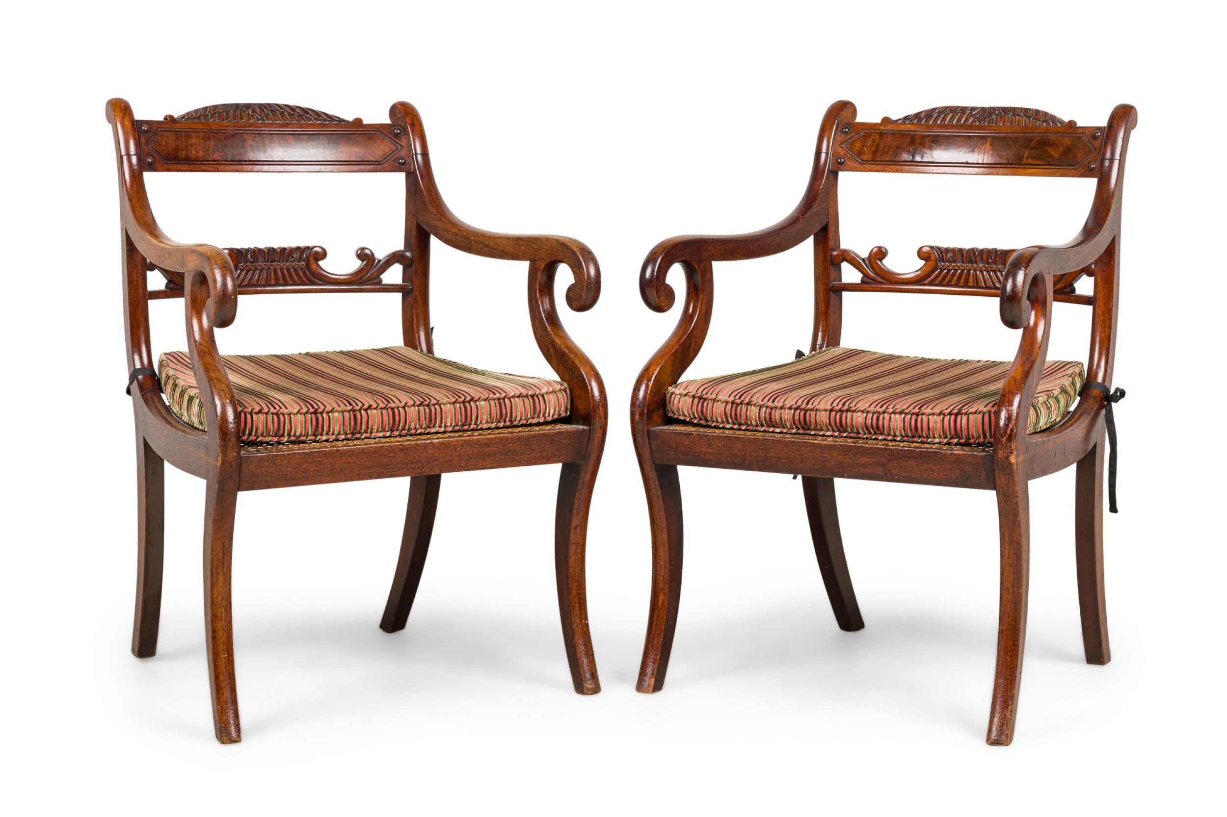 Pair of English Regency style armchairs with pink and brown cushion 