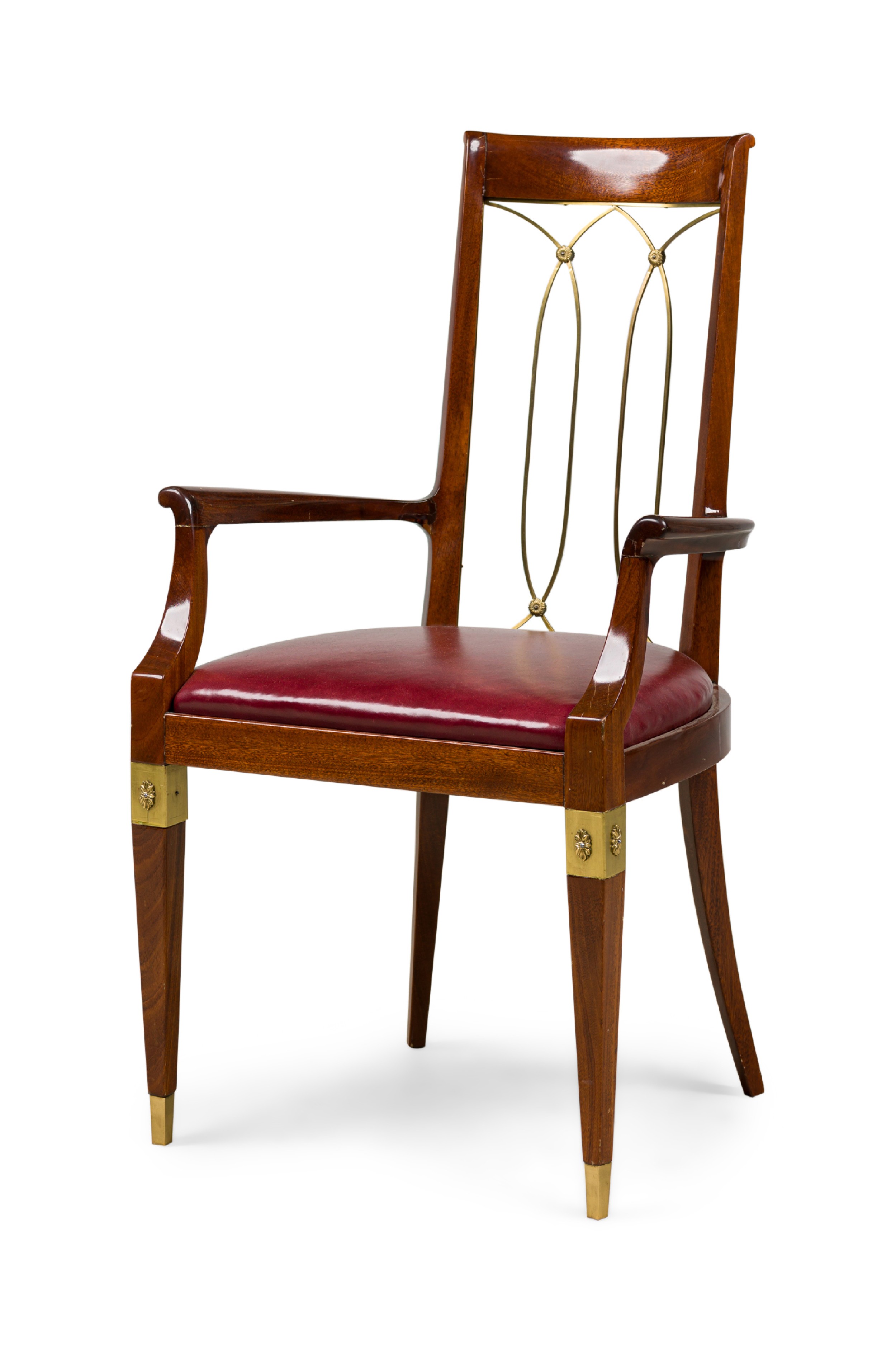 French art deco mahogany brass open back armchair 