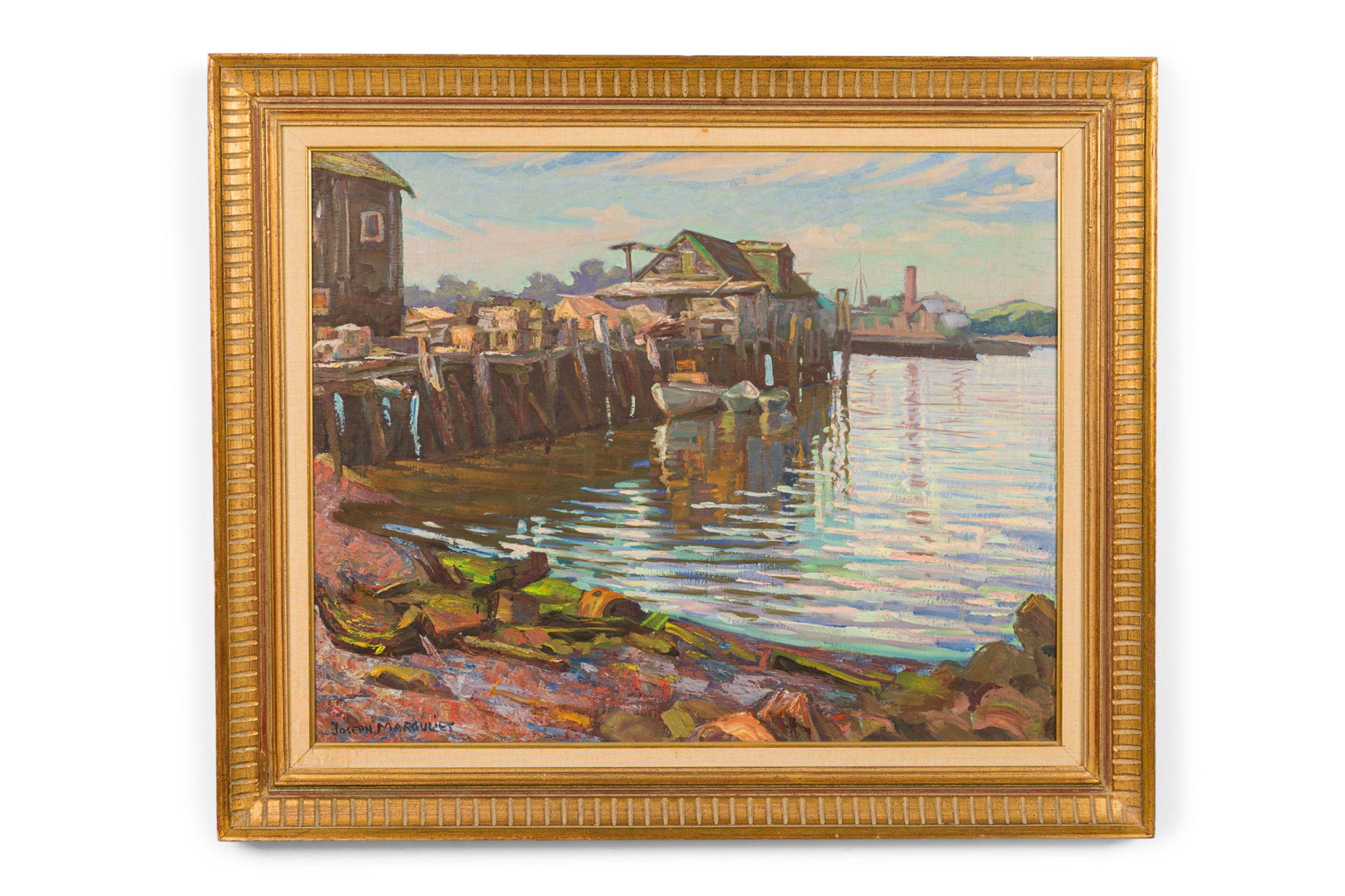 American Mid Century seascape painting of a dock 