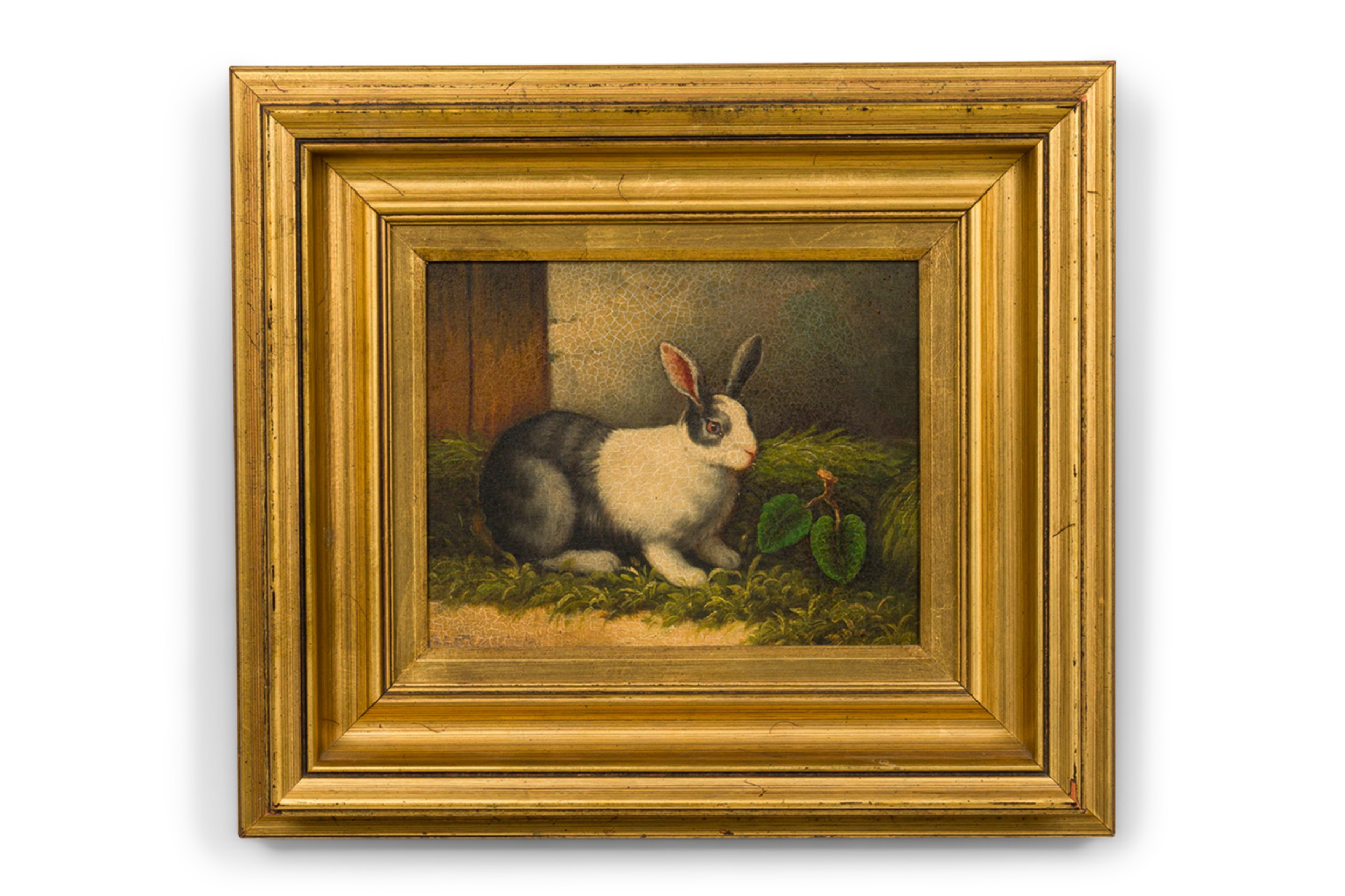 English victorian painting of a grey and white rabbit 