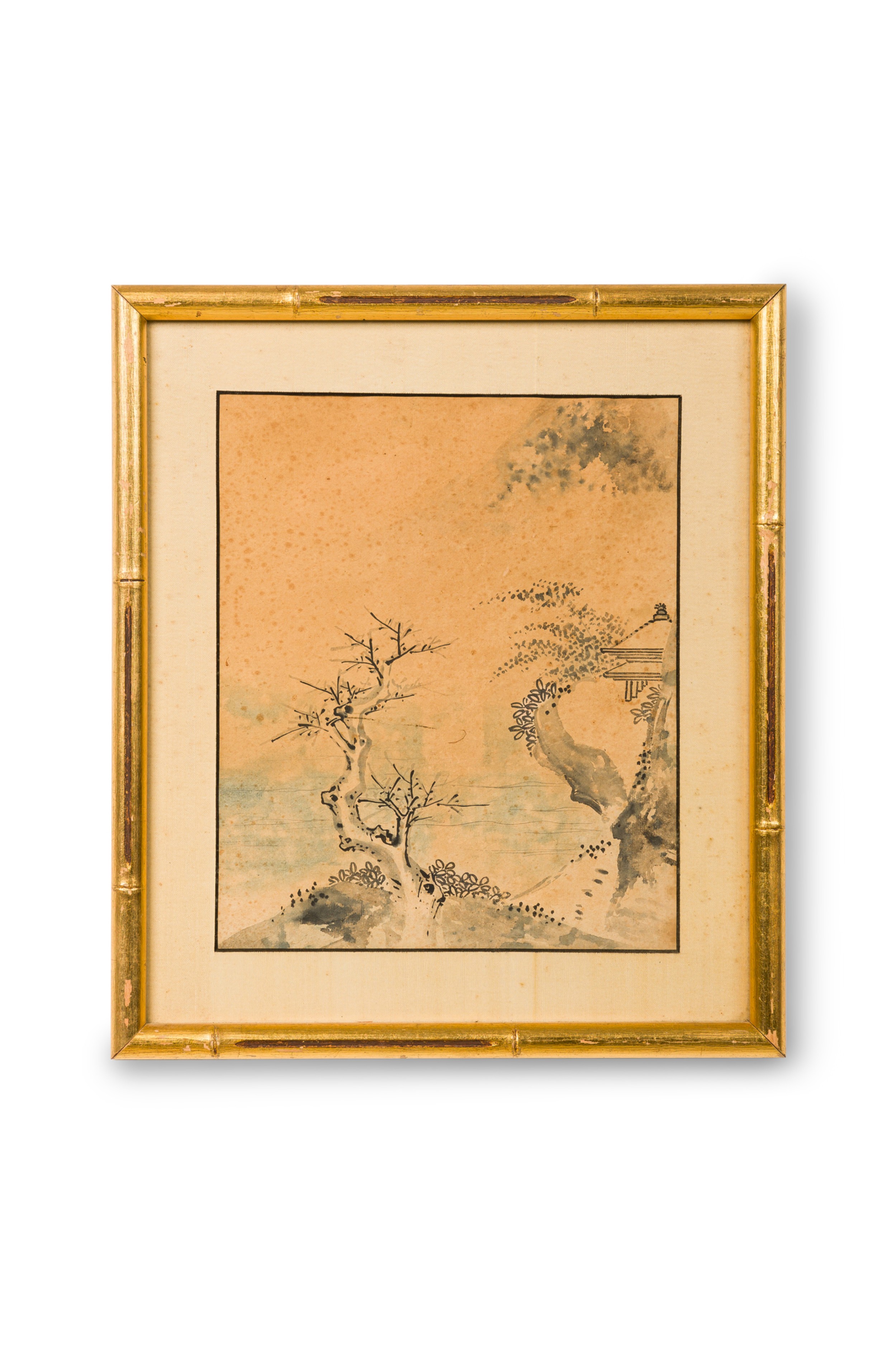 Japanese watercolor of a tree on a hill with no leaves 