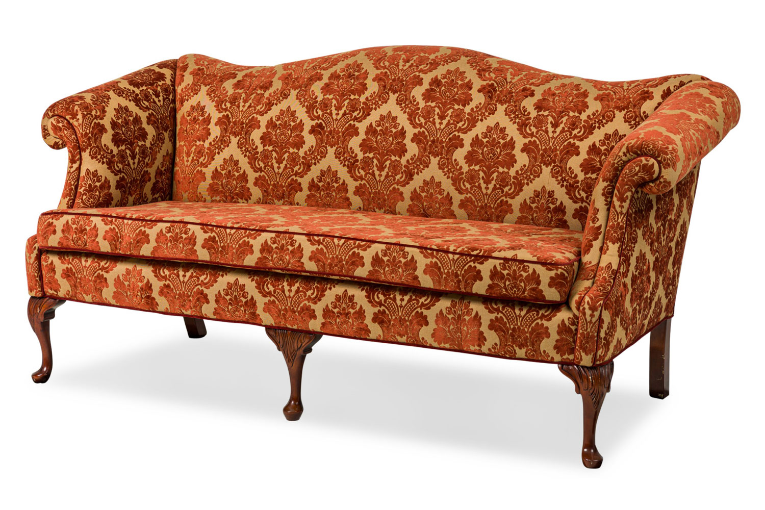 English georgian large red and yellow scrolled arm sofas