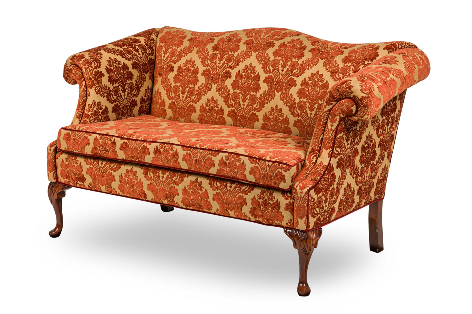 English georgian red and yellow scrolled arm loveseat