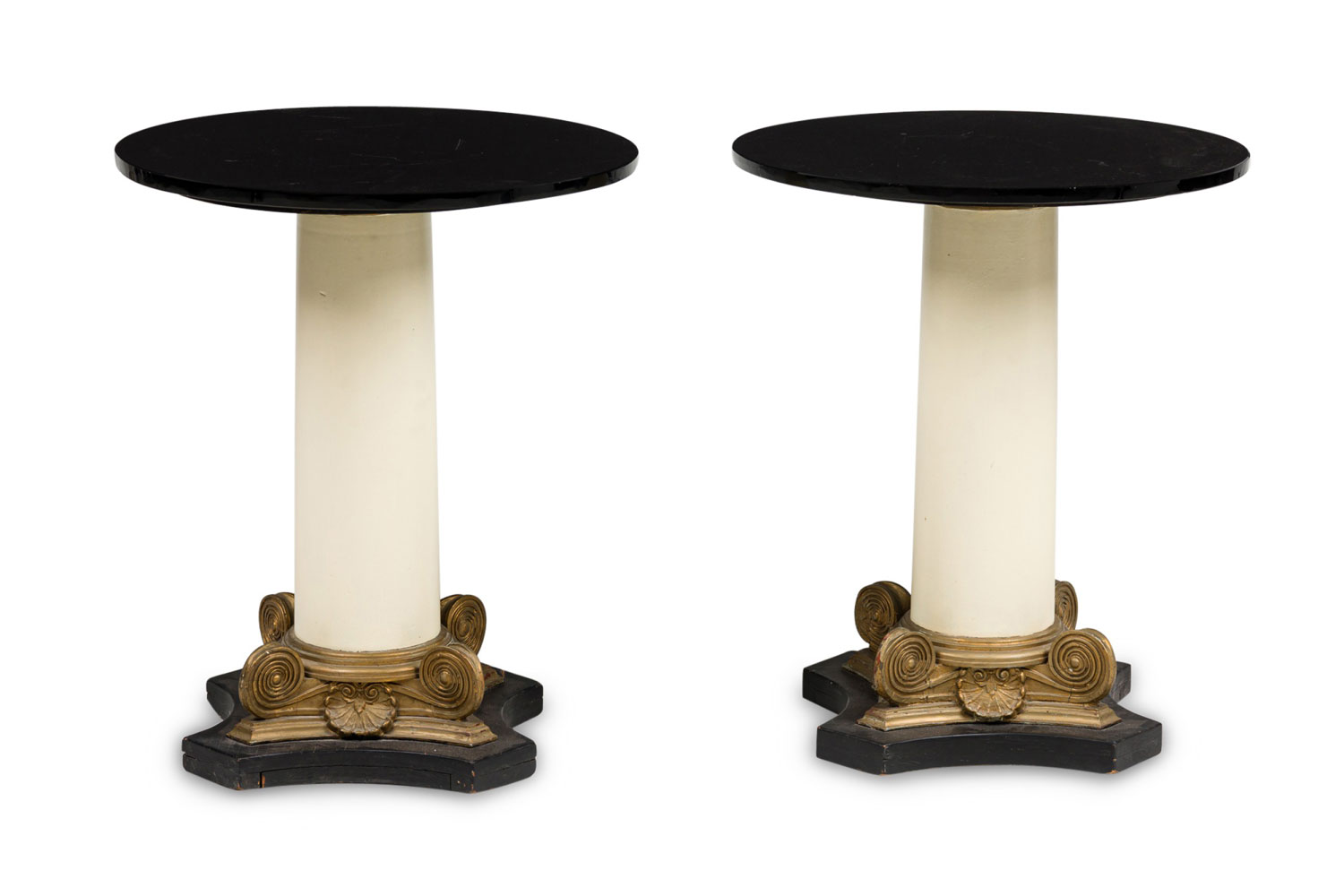 Pair of italian neoclassical glass top pedestal end tables 