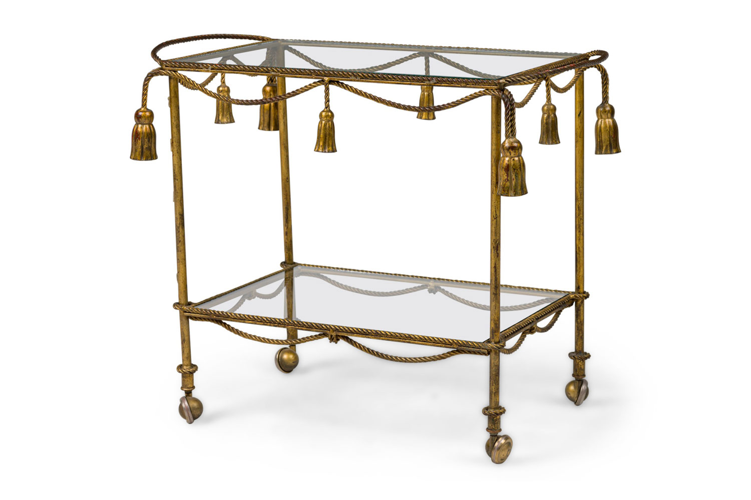Italian mid century gilt metal tassel bar cart 