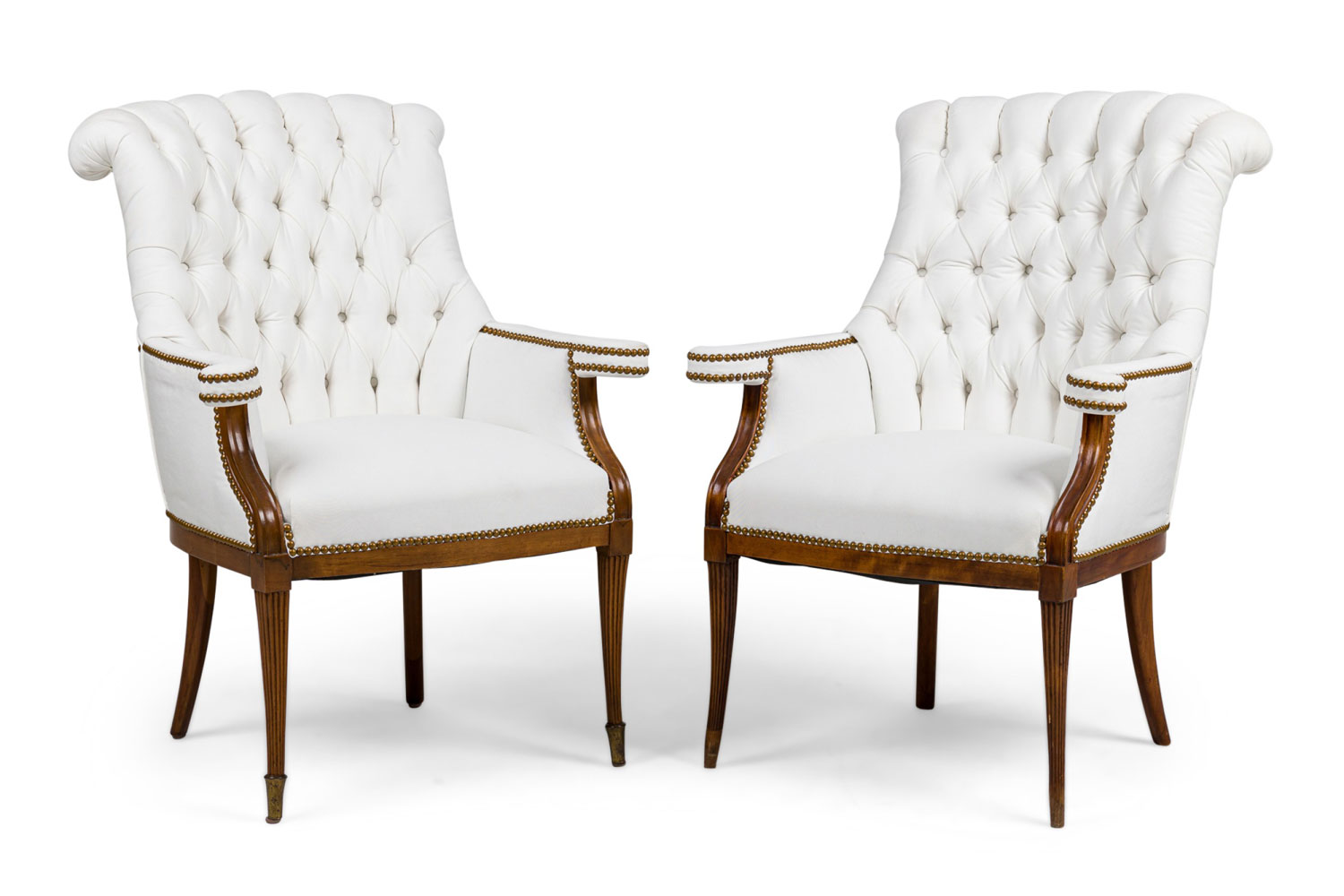 Pair of american mid century white tufted armchairs 