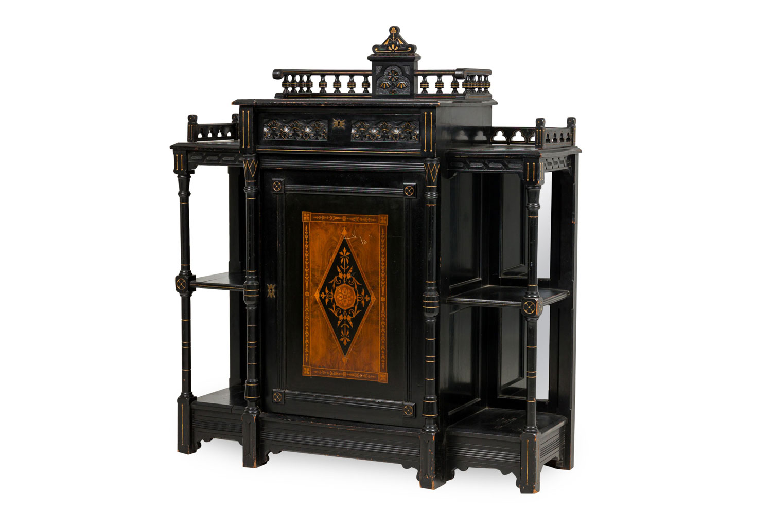 English Aesthetic Movement Revival Ebonized Painted and Mirrored Cabinet