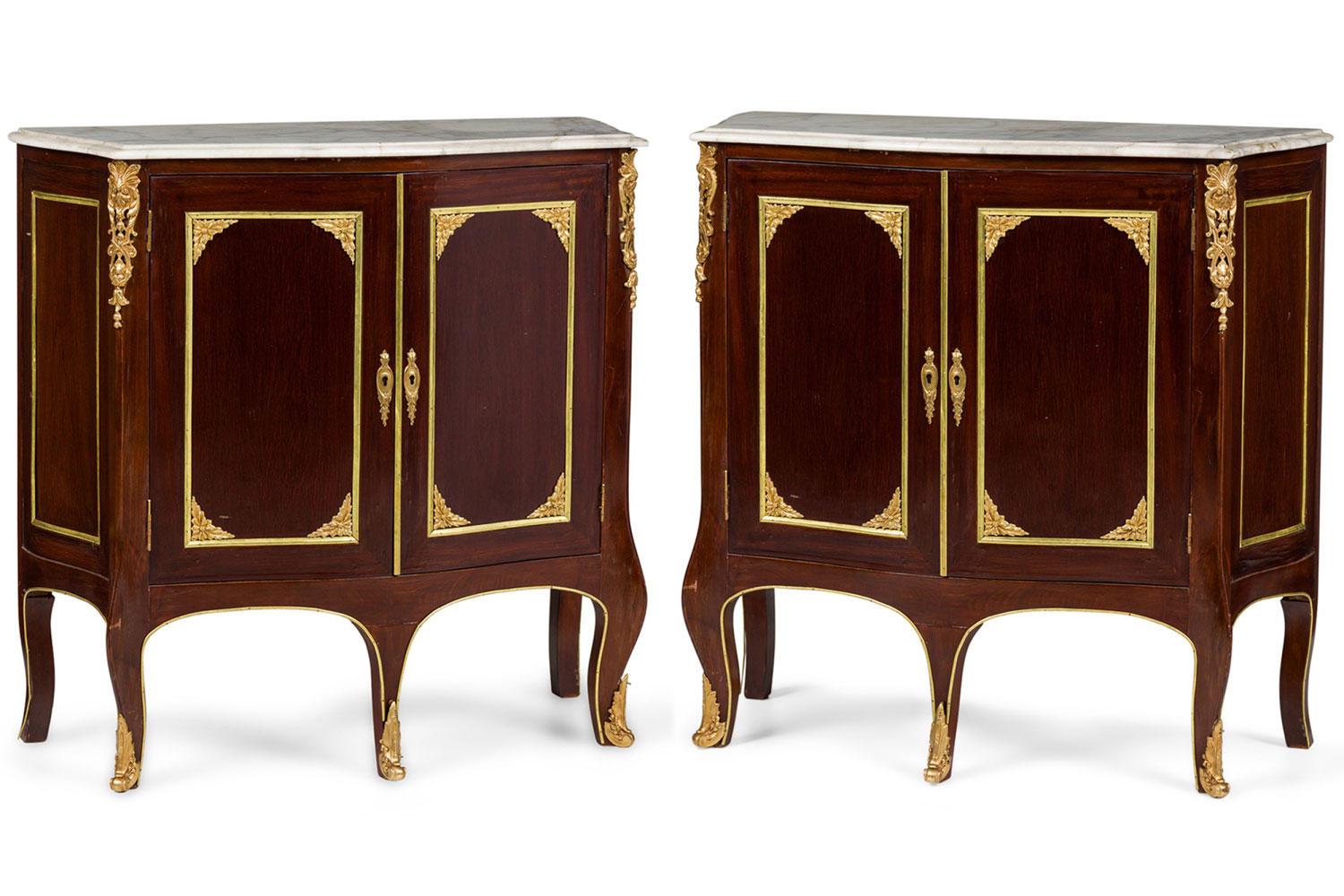 Pair of english victorian mahogany and brass marble top commode 
