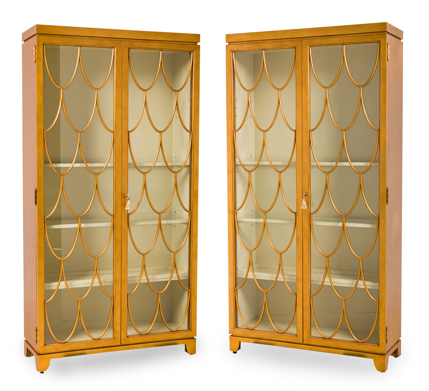 Pair of american mid century gold gilt display cabinet 