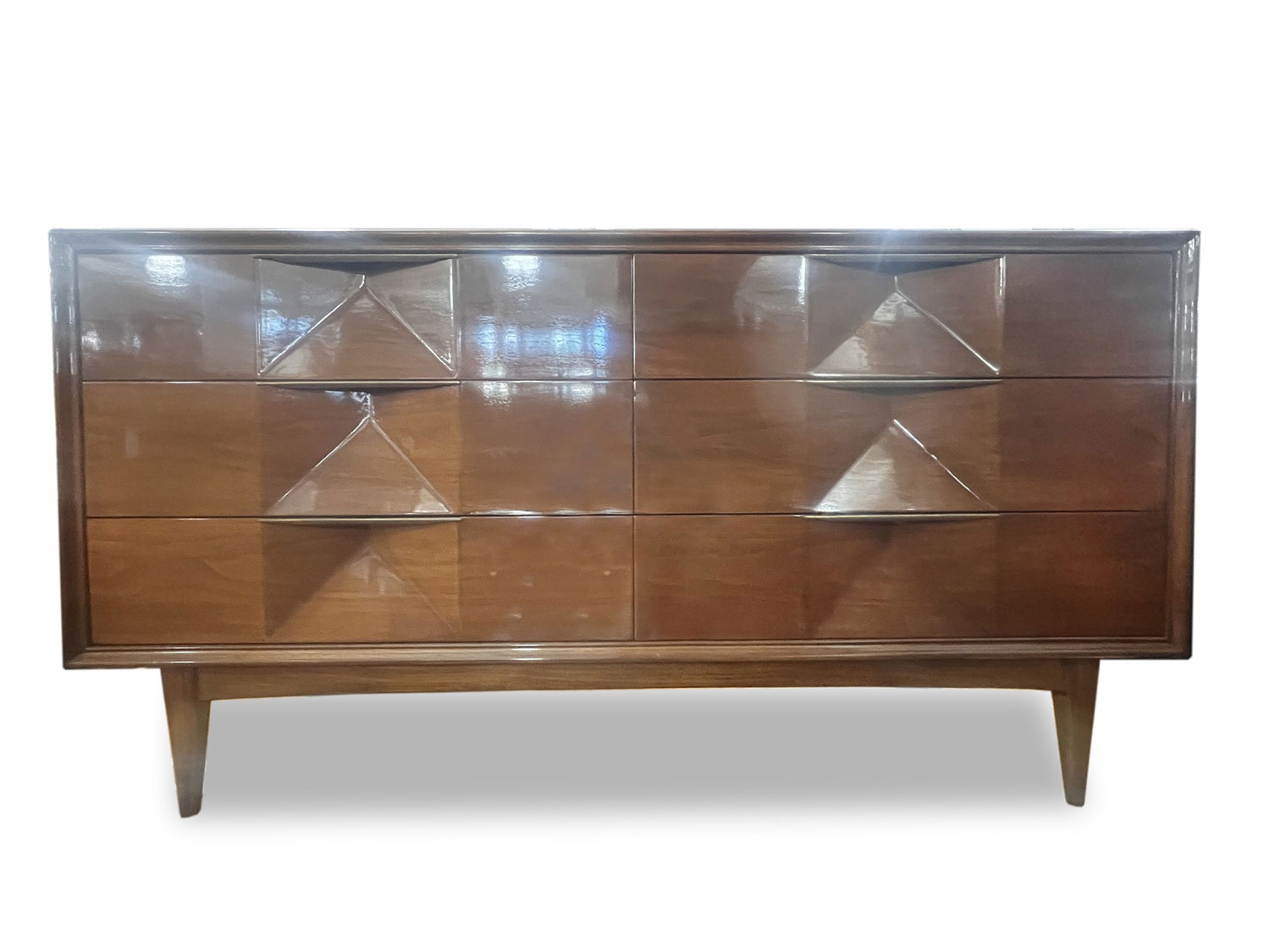 American mid century 6 drawer diamond front lowboy dresser
