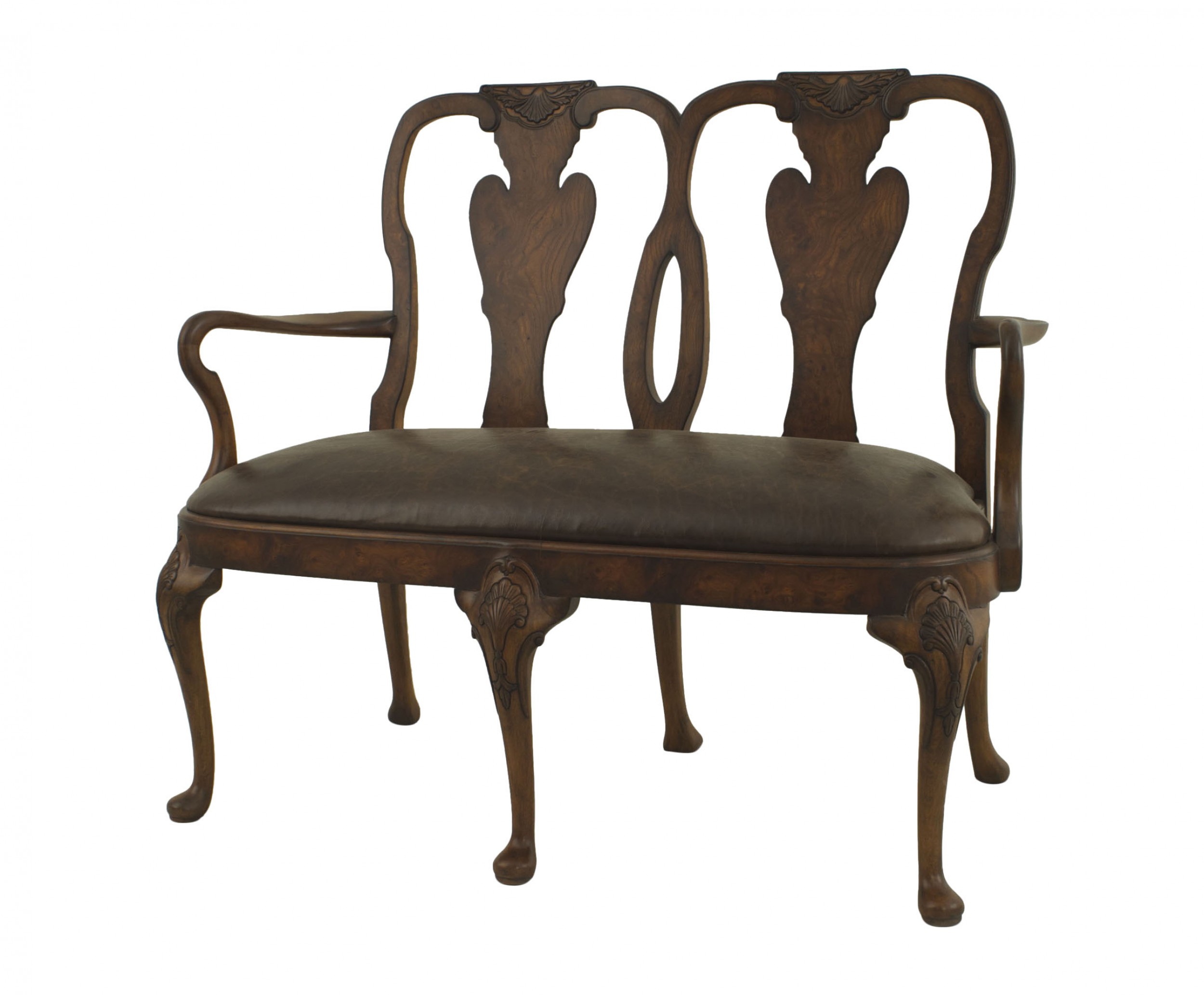 English queen anne brown leather loveseat