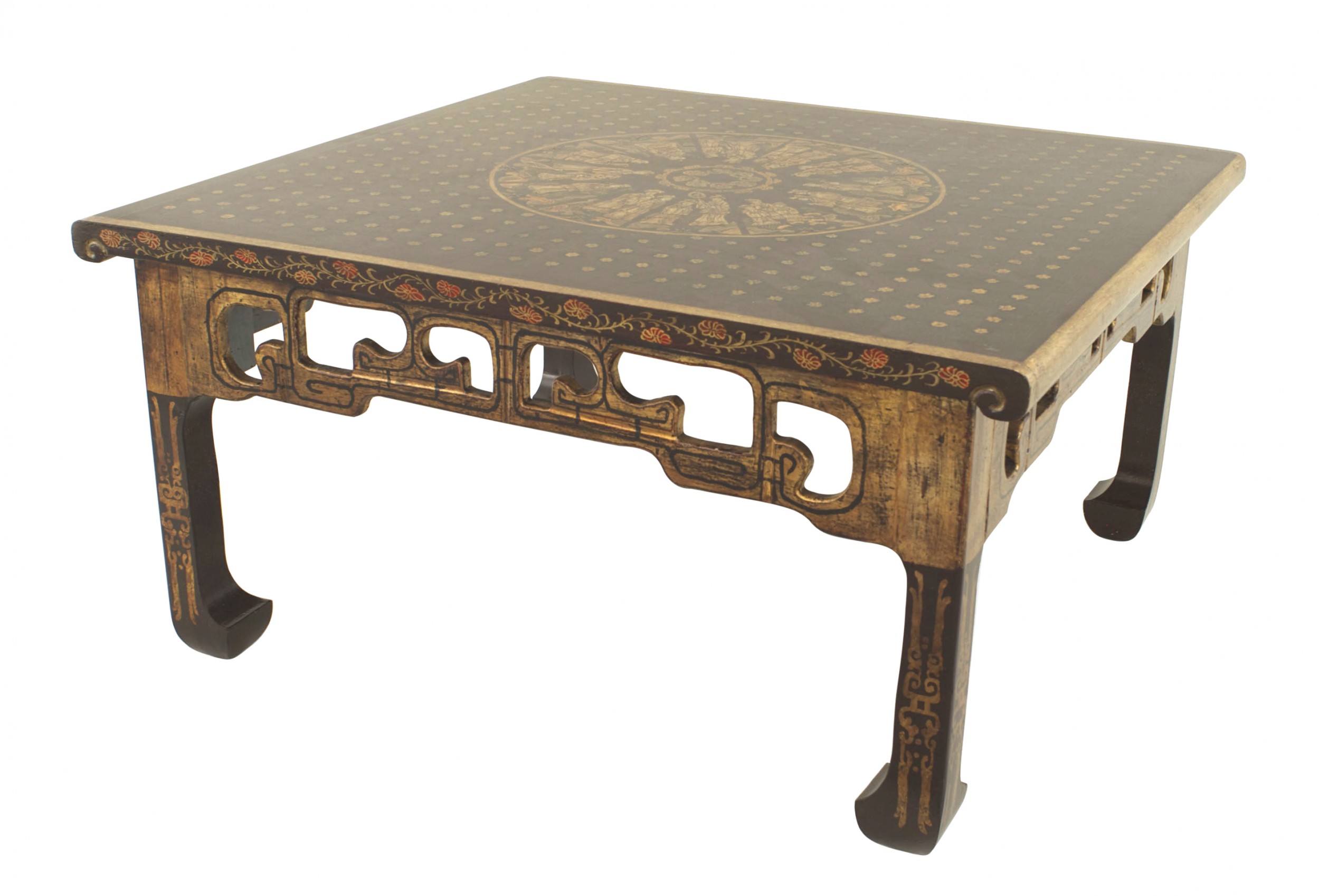Chinese brown lacquered gilt medallion coffee table