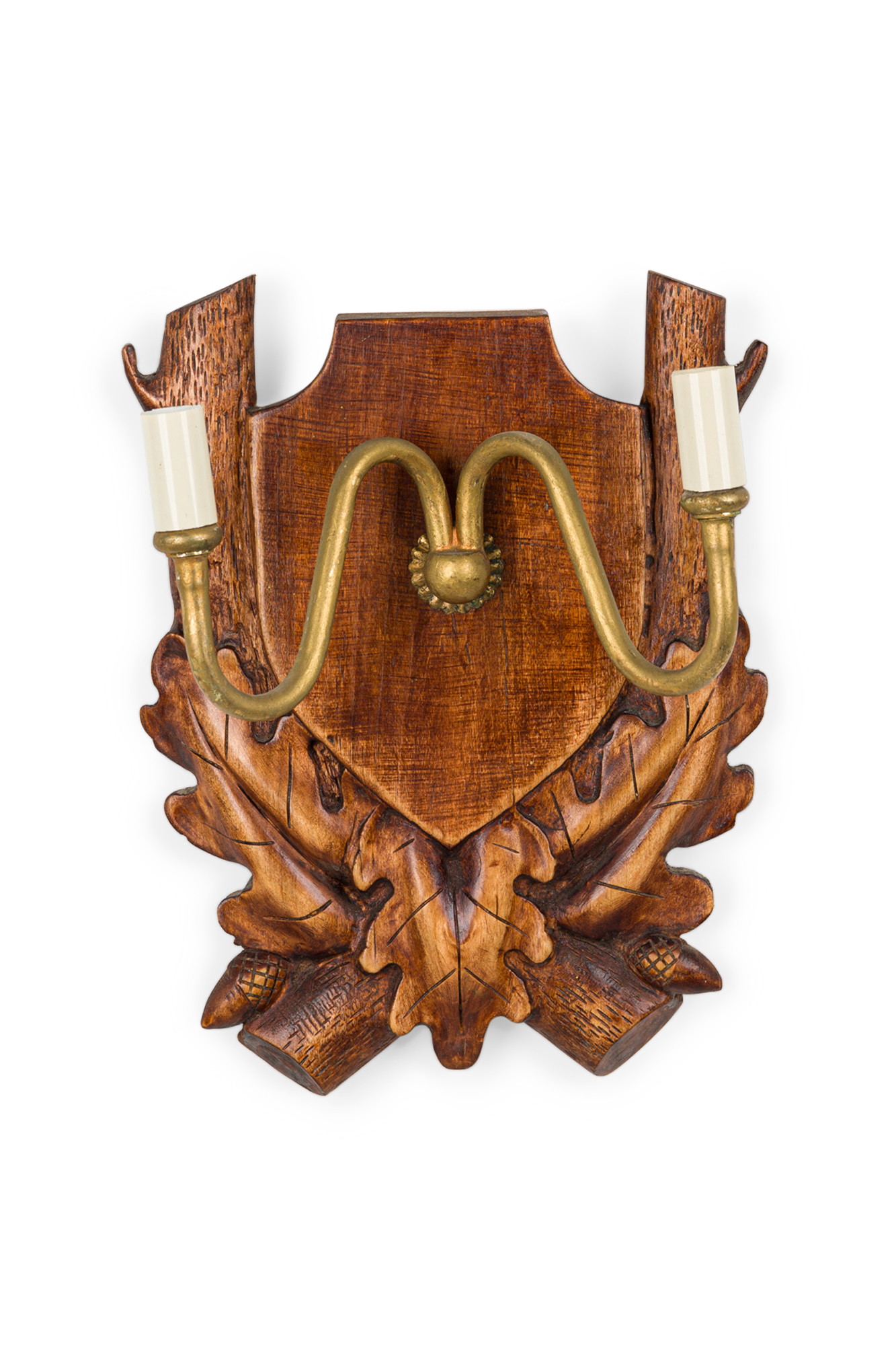 Rustic black forest wood and brass wall sconce