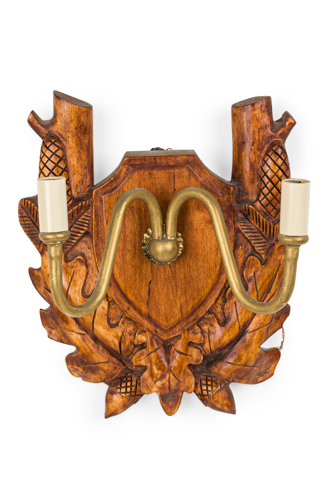 Rustic black forest wood and brass wall sconce 1