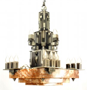 French art deco steel and marble chandelier