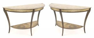 American mid century brass and steel demilune console tables