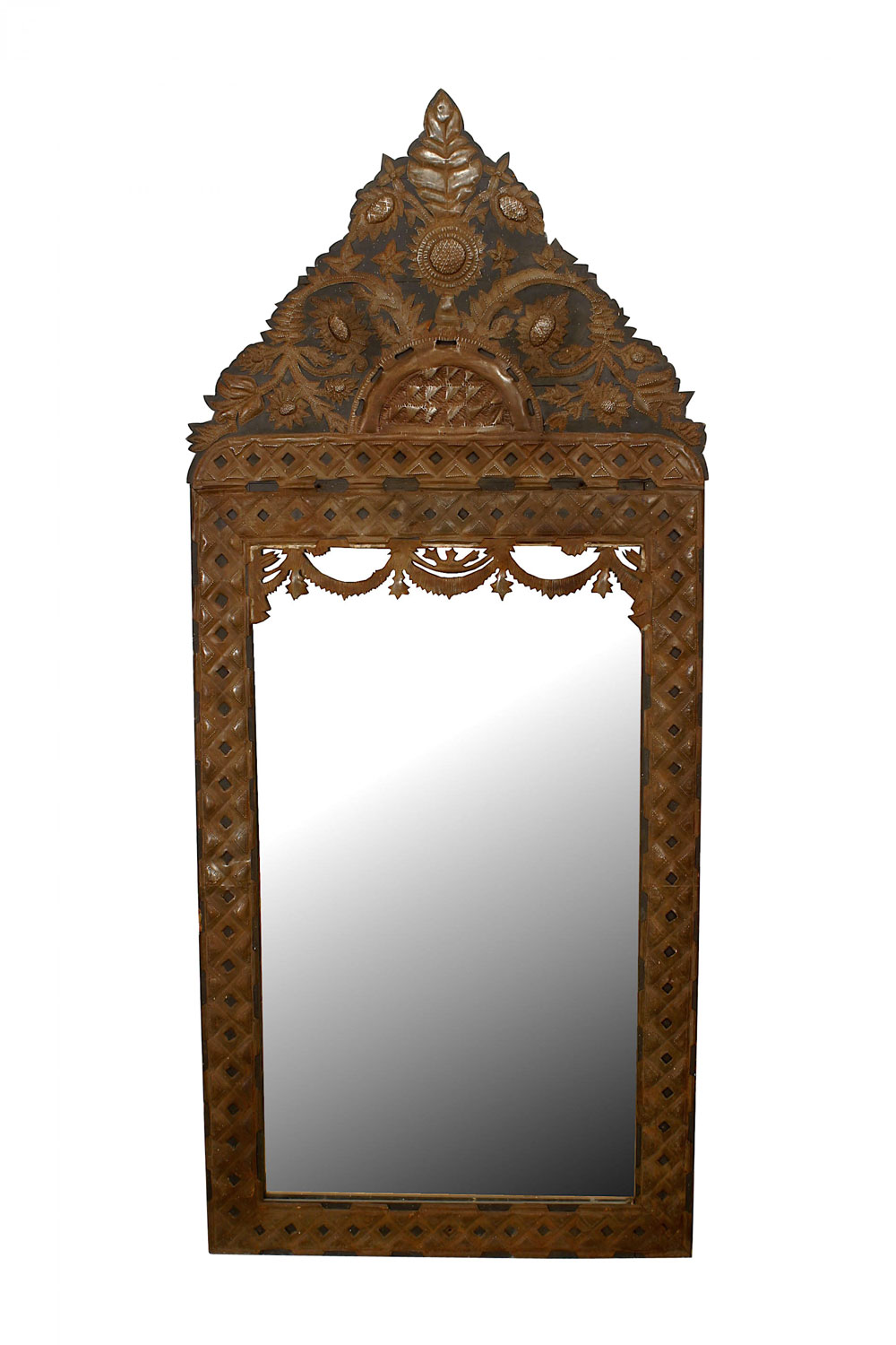Mexican stamped metal and ebonized wood wall mirror