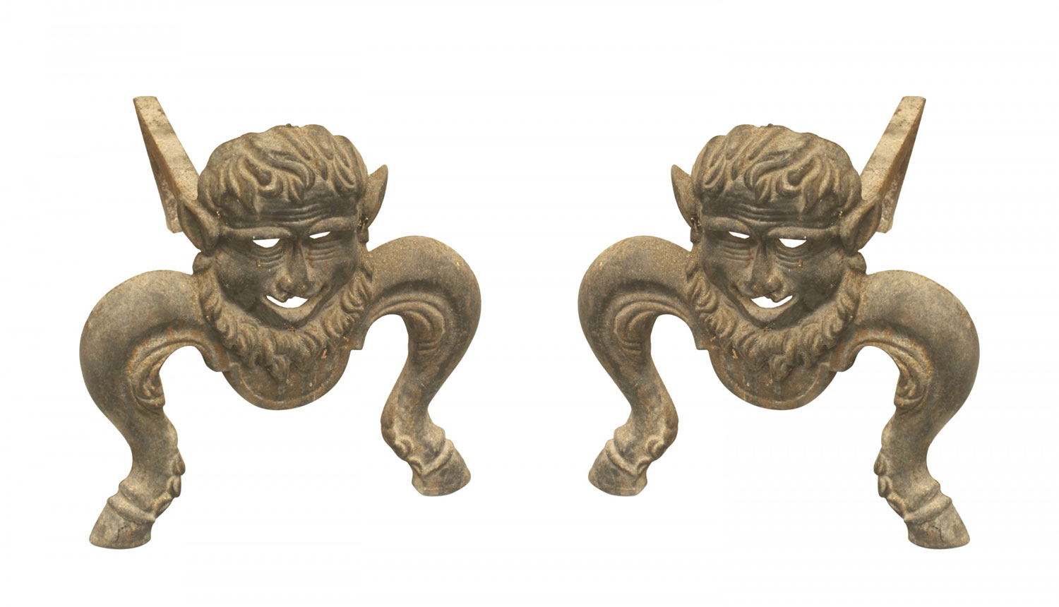 Victorian wrought iron mask andirons 1