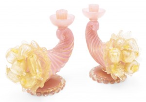 Italian murano pink and gold cornucopia candlesticks