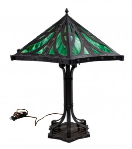 American mission iron slag glass table lamp