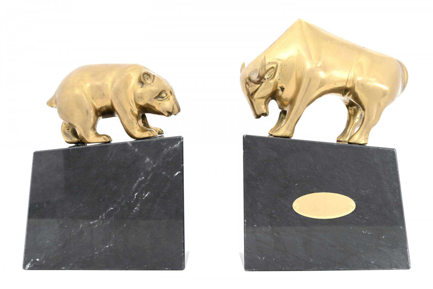 Pair of art deco brass bull and bear bookends