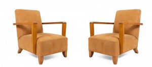 Pair of Pink French Modernist Oak Arm Chairs