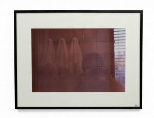 Double exposure of a person in a bathroom