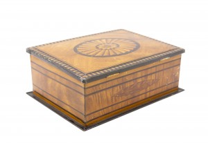 English Victorian trompe l oeil marquetry tin box