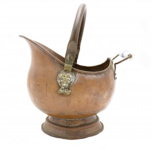 Copper coal scuttle with ceramic blue and white handle