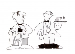 Pair of wire sculptures depicting waitstaff