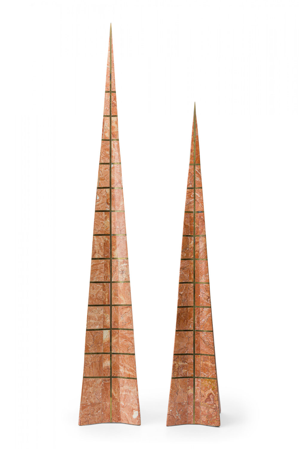 Pair of Maitland Smith English Mid Century Blush Marble and Brass Obelisks 