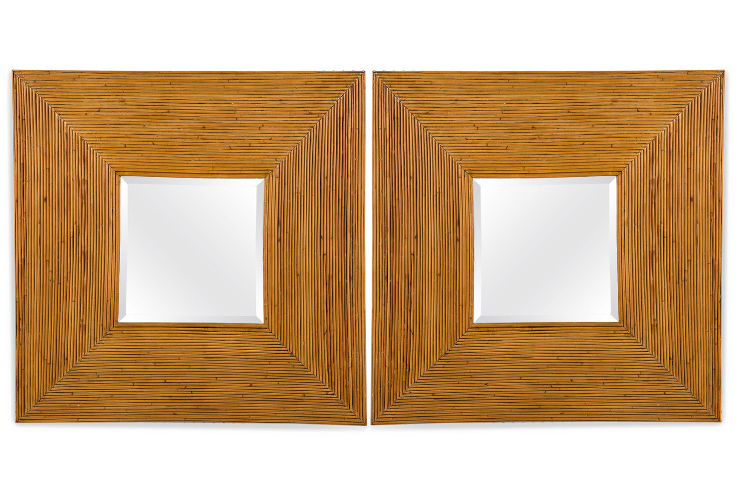 Pair of mid century square pencil reed framed wall mirrors