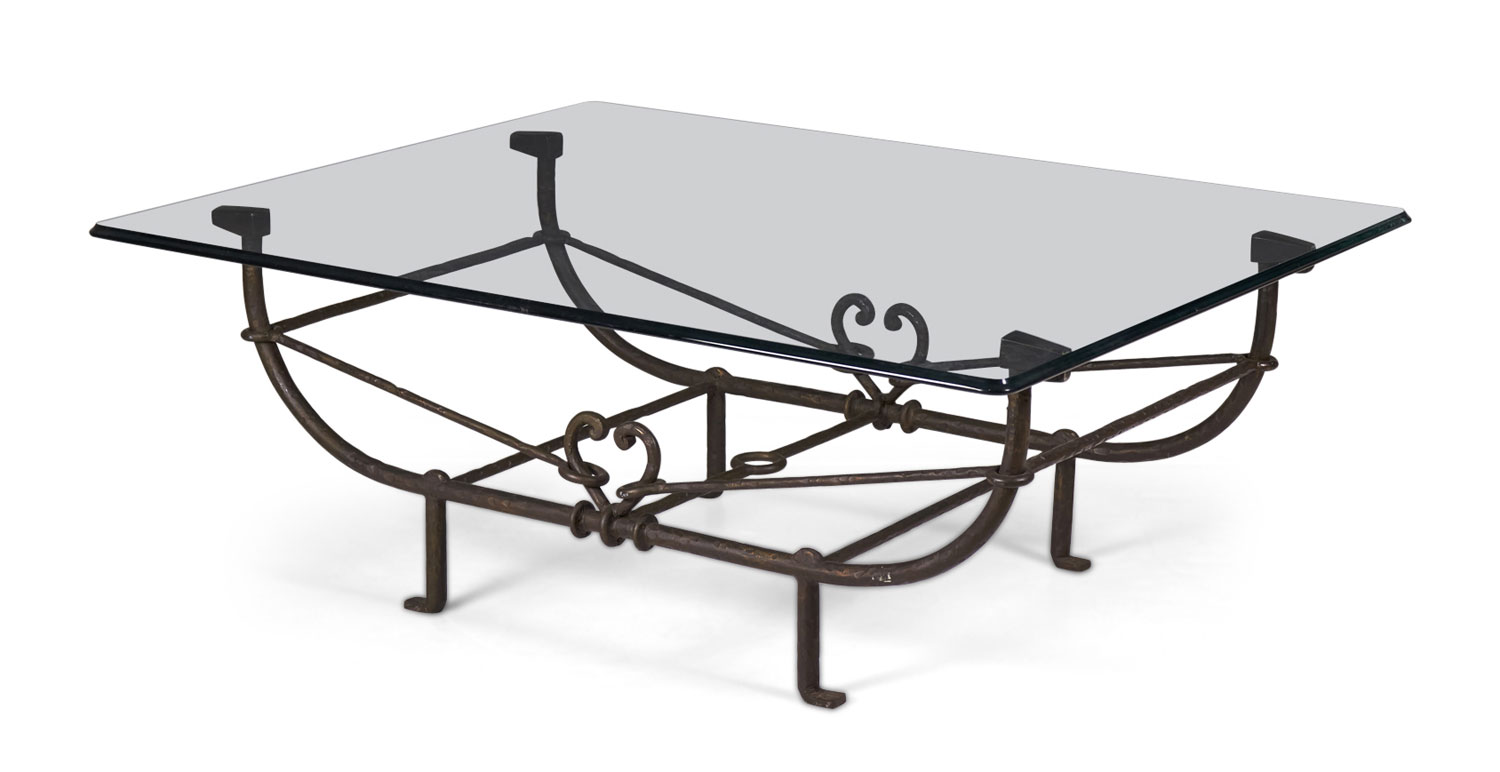 Paul Ferrante American Etruscan Forged and Hammered Iron and Glass Cocktail Coffee Table manner of Diego Giacometti