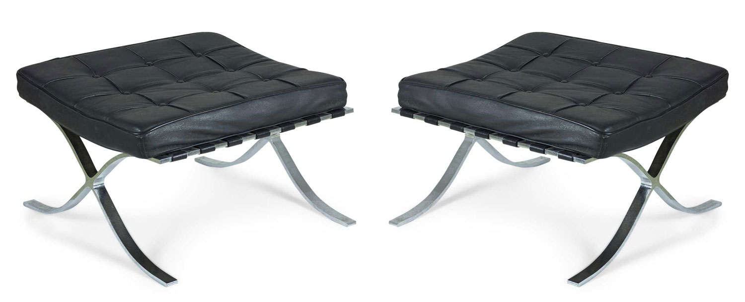 Pair of International Style Black Tufted Leather and Chrome Ottomans Benches manner of Mies van der Rohe for Knoll