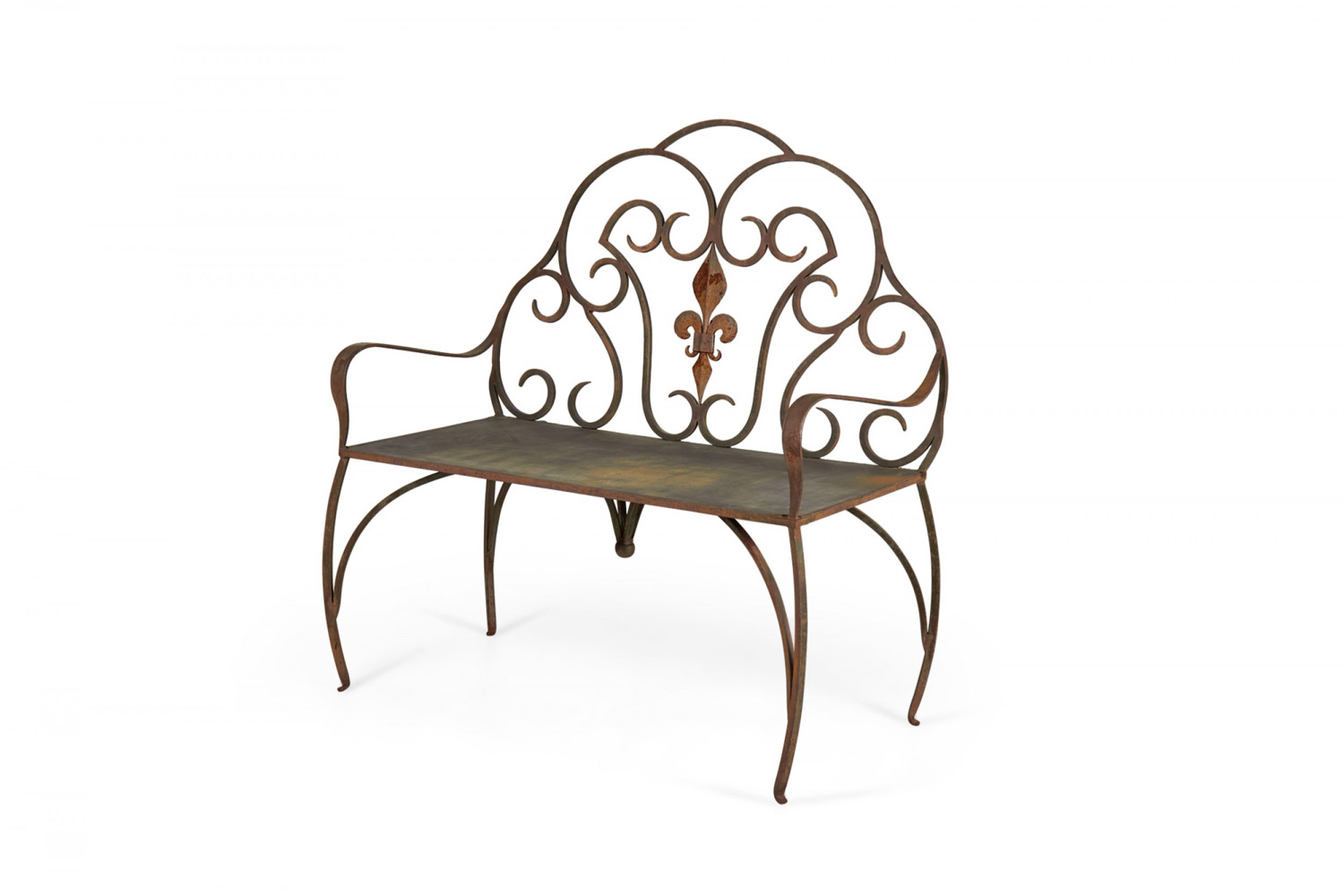 Jan Barboglio Mexican Modern Style Wrought Iron Outdoor Fleur de Lis Crest Bench