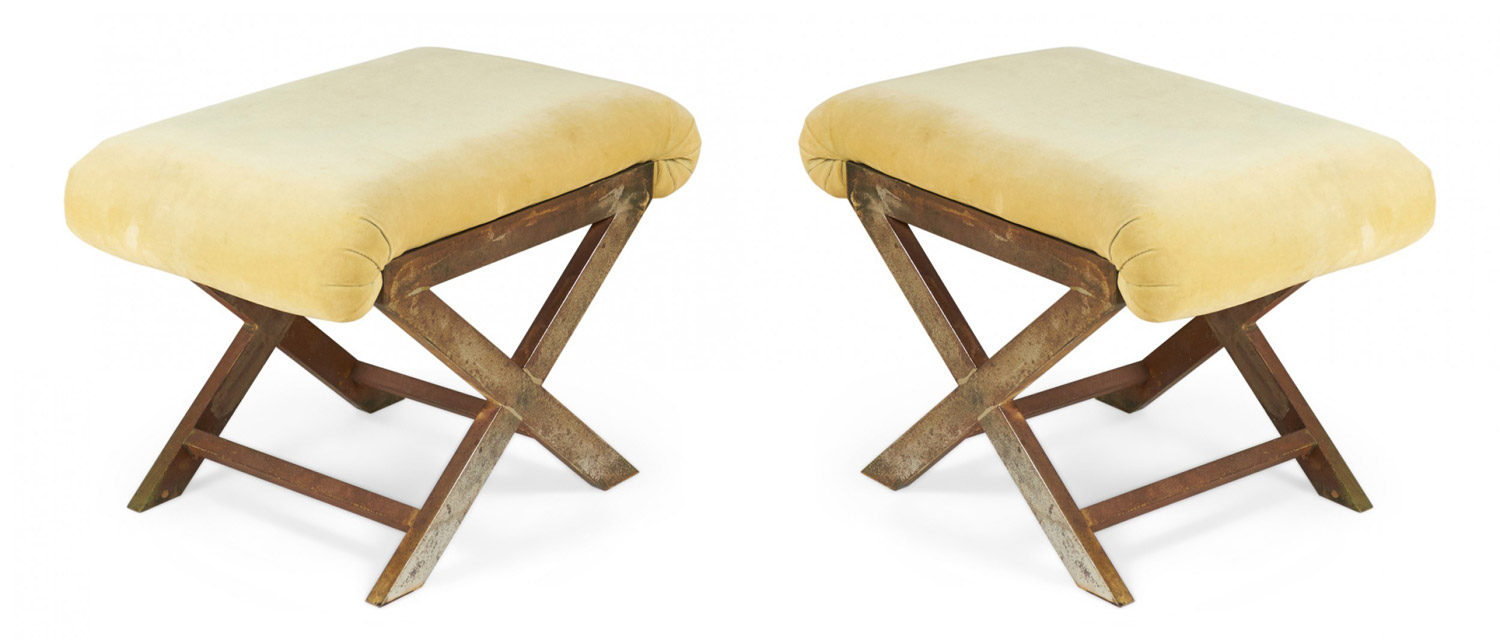 Pair of Mid Century Brass and Tan Velour X Benches