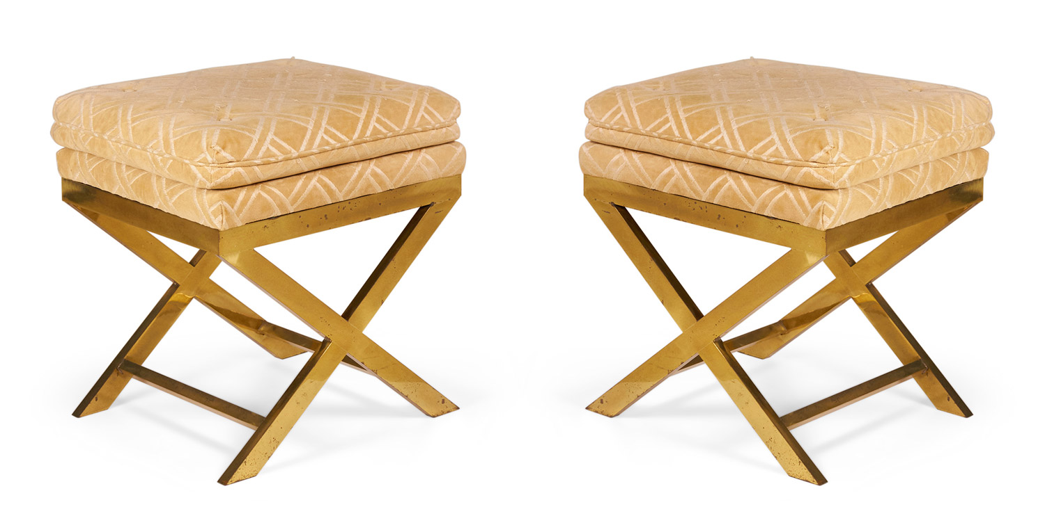 Pair of Mid Century Brass and Lattice Patterned Tan Upholstery X Benches