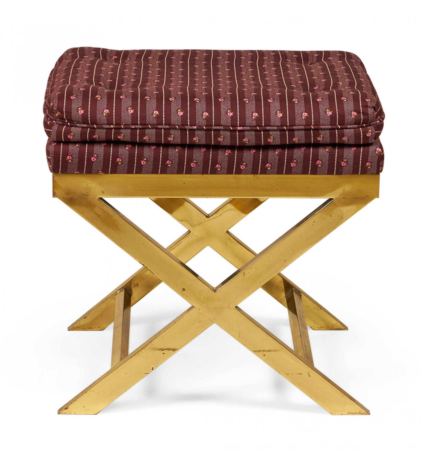 Mid Century Brass and Striped Maroon Upholstery X Bench