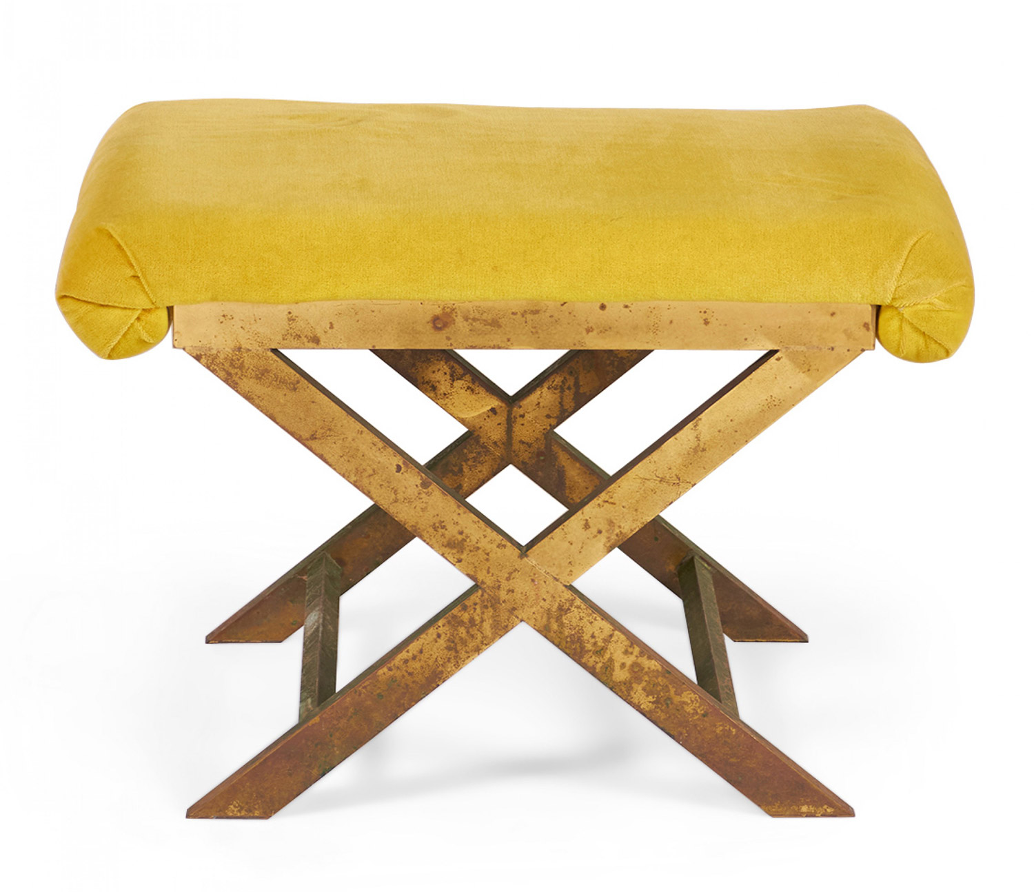 Mid Century Brass and Saffron Yellow Velour Upholstery X Bench