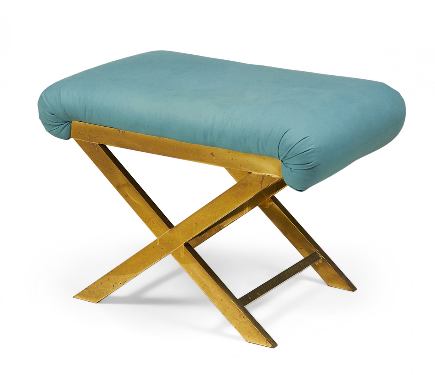 Mid Century Brass and Teal Cotton Upholstery X Bench
