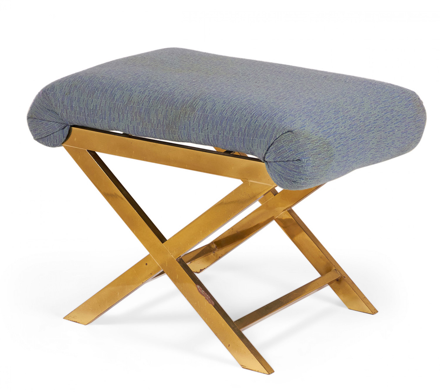 Mid Century Brass and Gray Blue Cotton Upholstery X Bench