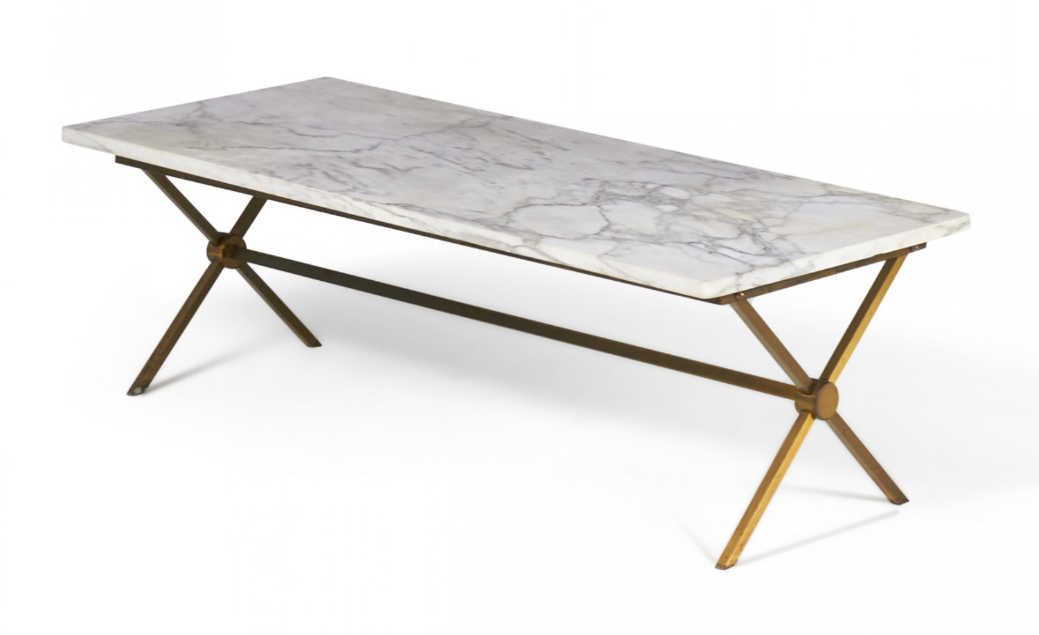 American Mid Century Brass X Frame and Carrara Marble Cocktail Coffee Table manner of Maison Jansen