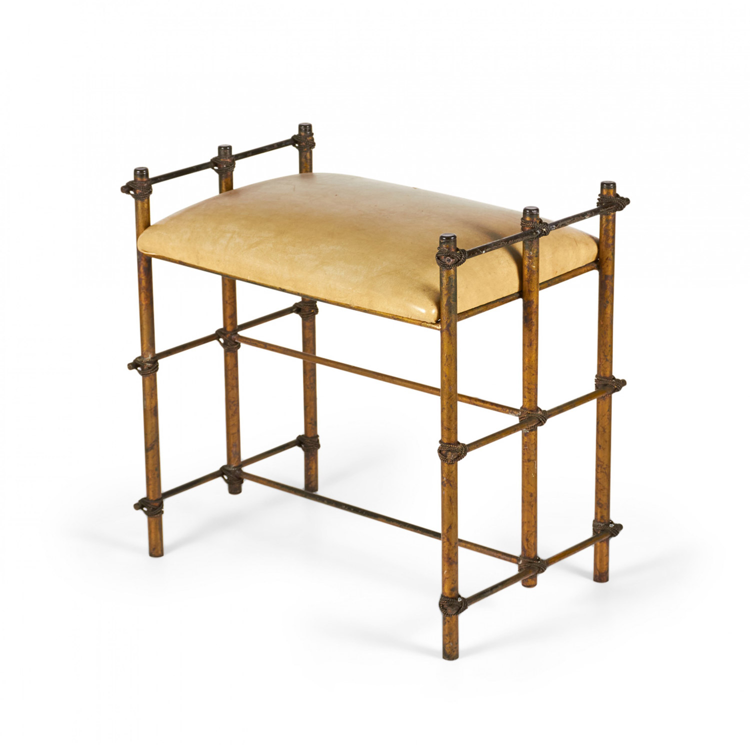 Maitland Smith Vintage Gilt steel Rope and Beige Leather Vanity Bench