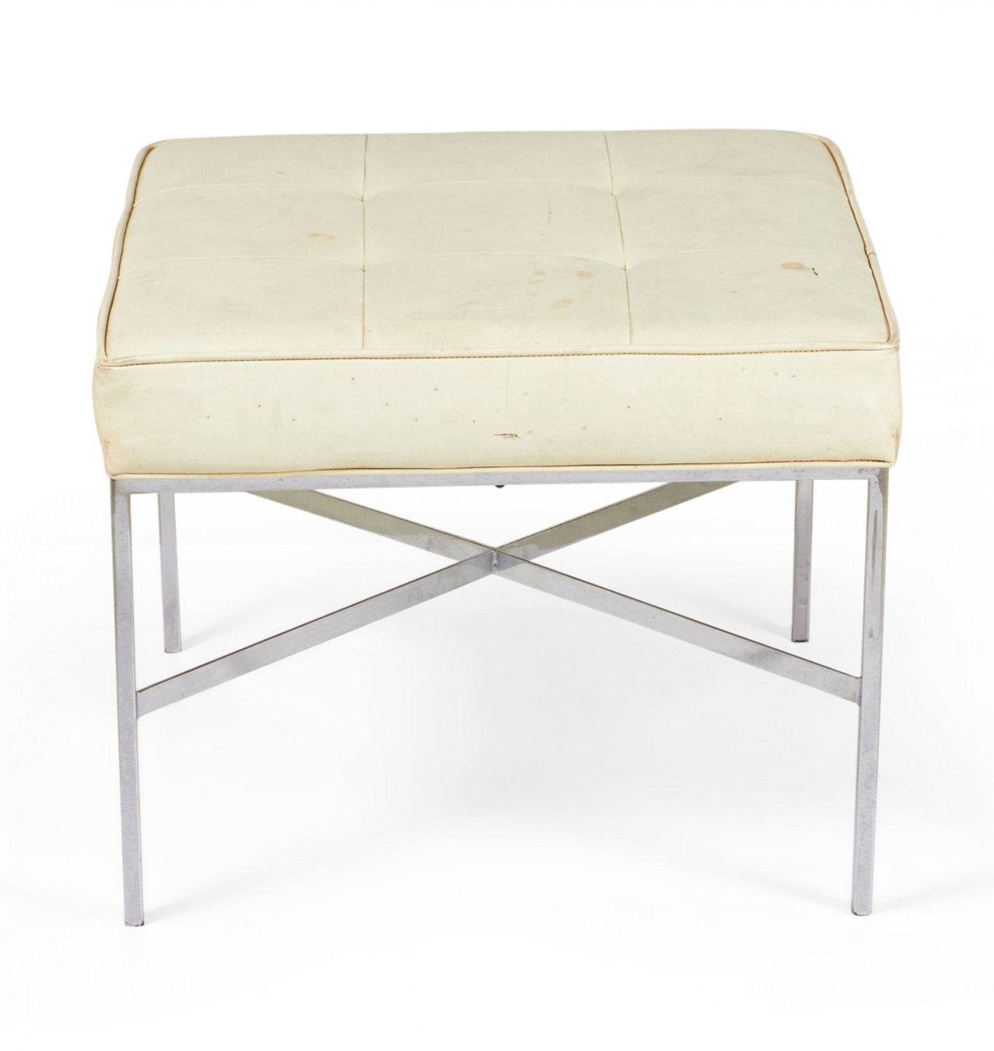 Design Institute of America Modernist Chrome and Button Tufted White Vinyl Square Bench