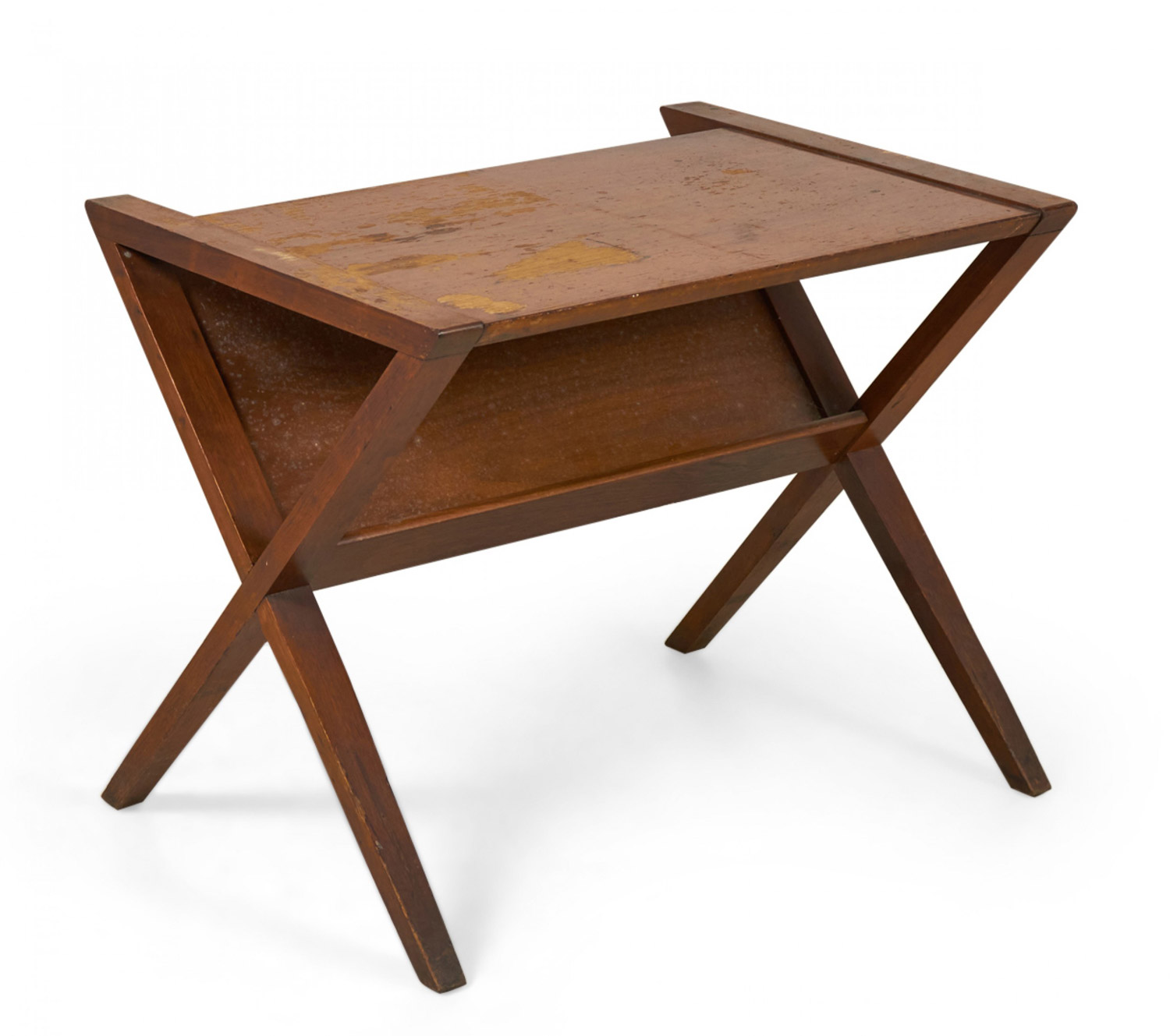Founders Furniture Co American Mid Century Walnut X Frame End Side Table with Magazine Holder